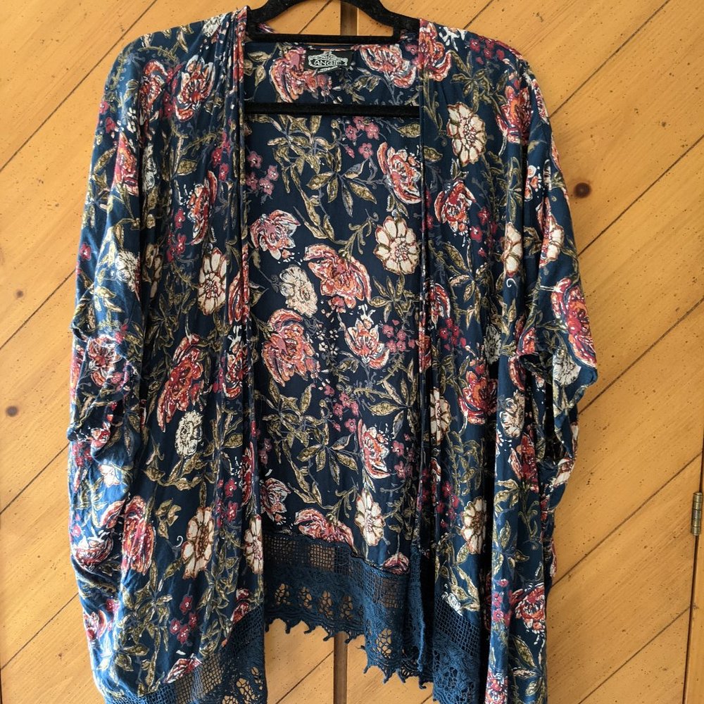 Navy blue floral motif cotton shrug with lace